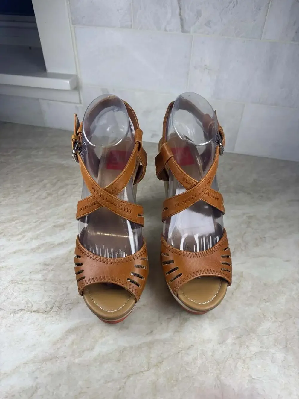 DV Dolce Vita Brown Leather Strappy Peep Toe Wedge Sandals Women’s Size 7